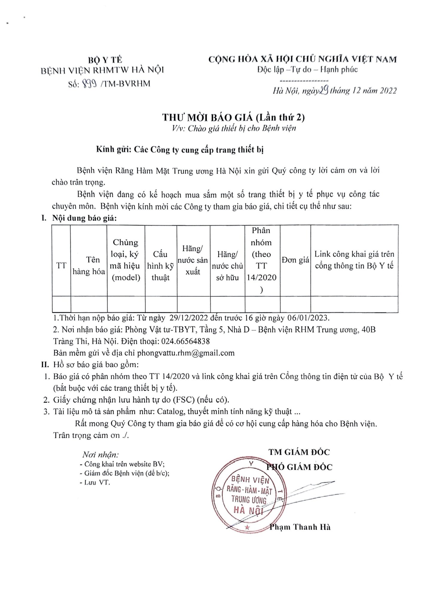 THƯ MỜI BÁO GIÁ LẦN 2